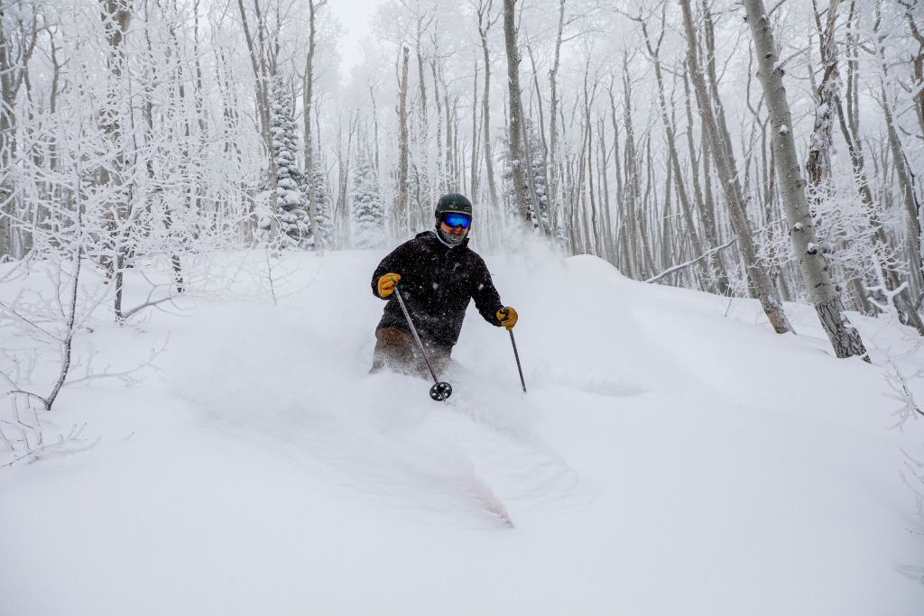 skiing through aspens at Steamboat Springs resort